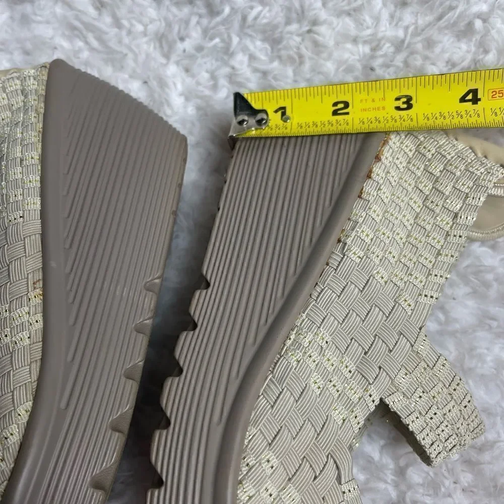 Skechers Parallel Beige /Gold Weave Wedge Peep Toe Sandals Shoes SZ9.5